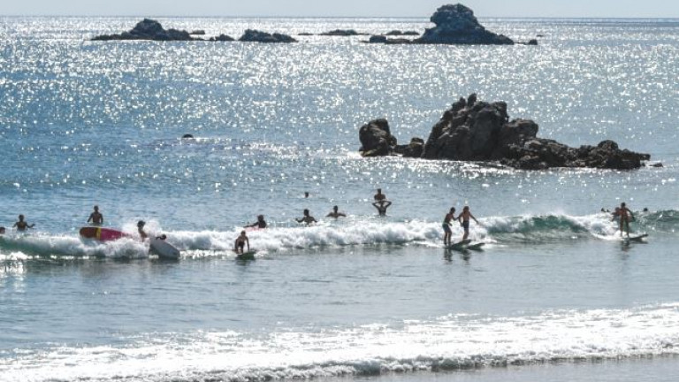 People at the beach surfing close to shore on a sunny day