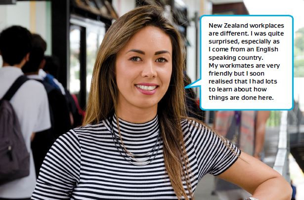 Woman standing in public place, with speech bubble explaining about communication differences