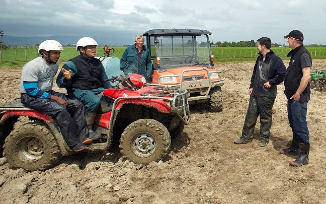 Dairy farm workers gathered in a field having a break