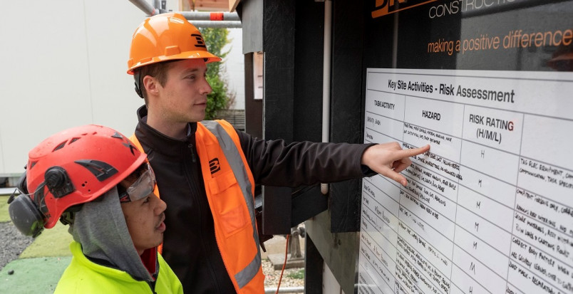 Construction workers looking at a site hazard board