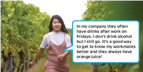 Woman in vineyard with speech bubble talking about socialising with workmates