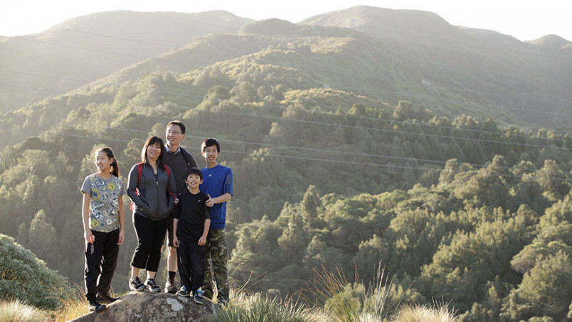 Family exploring bush Wellington New Zealand