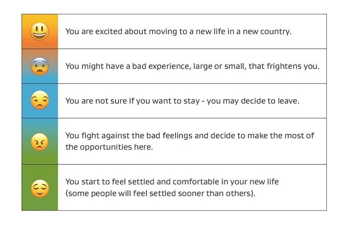 The five stages of settlement chart: Excited, surprised, unsure, brave, happy